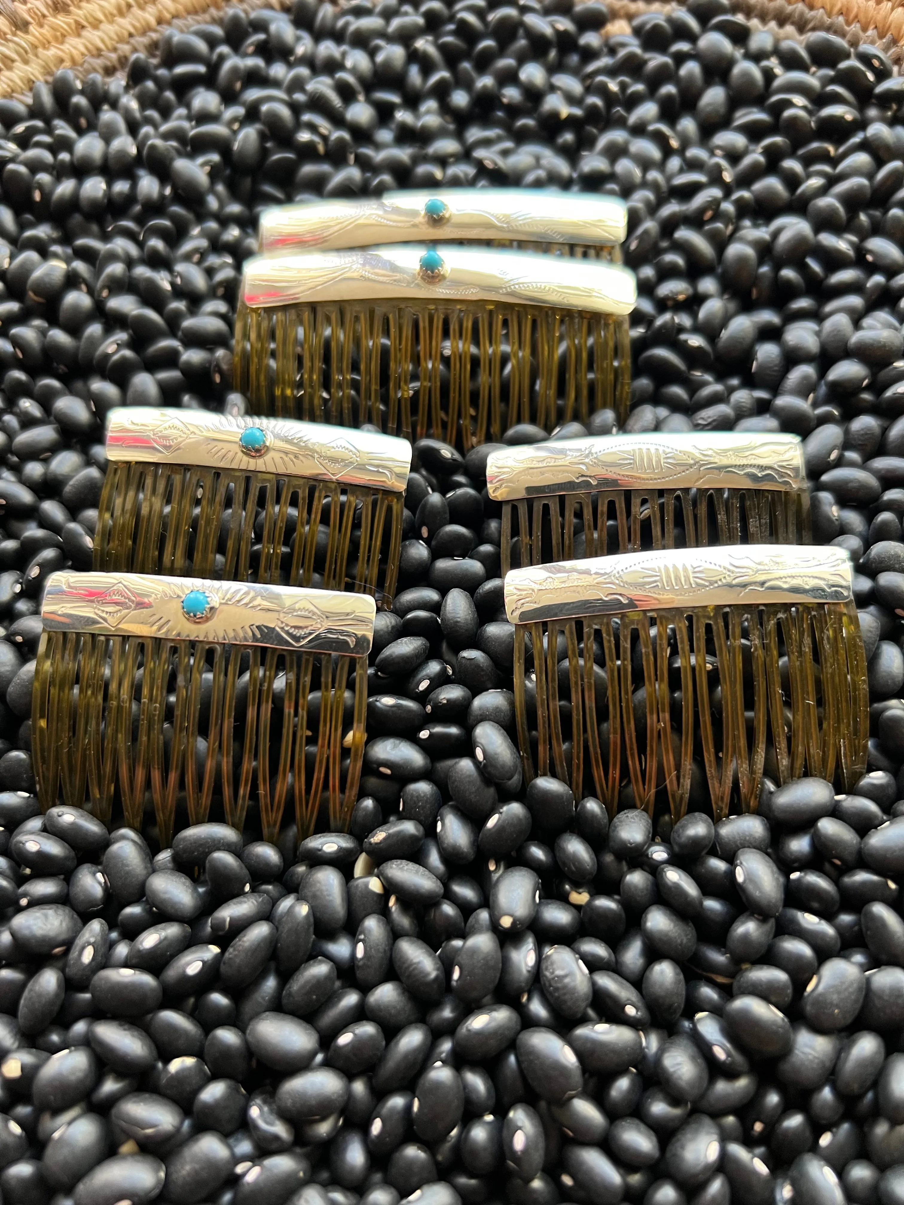 Sterling silver stamped hair combs with turquoise