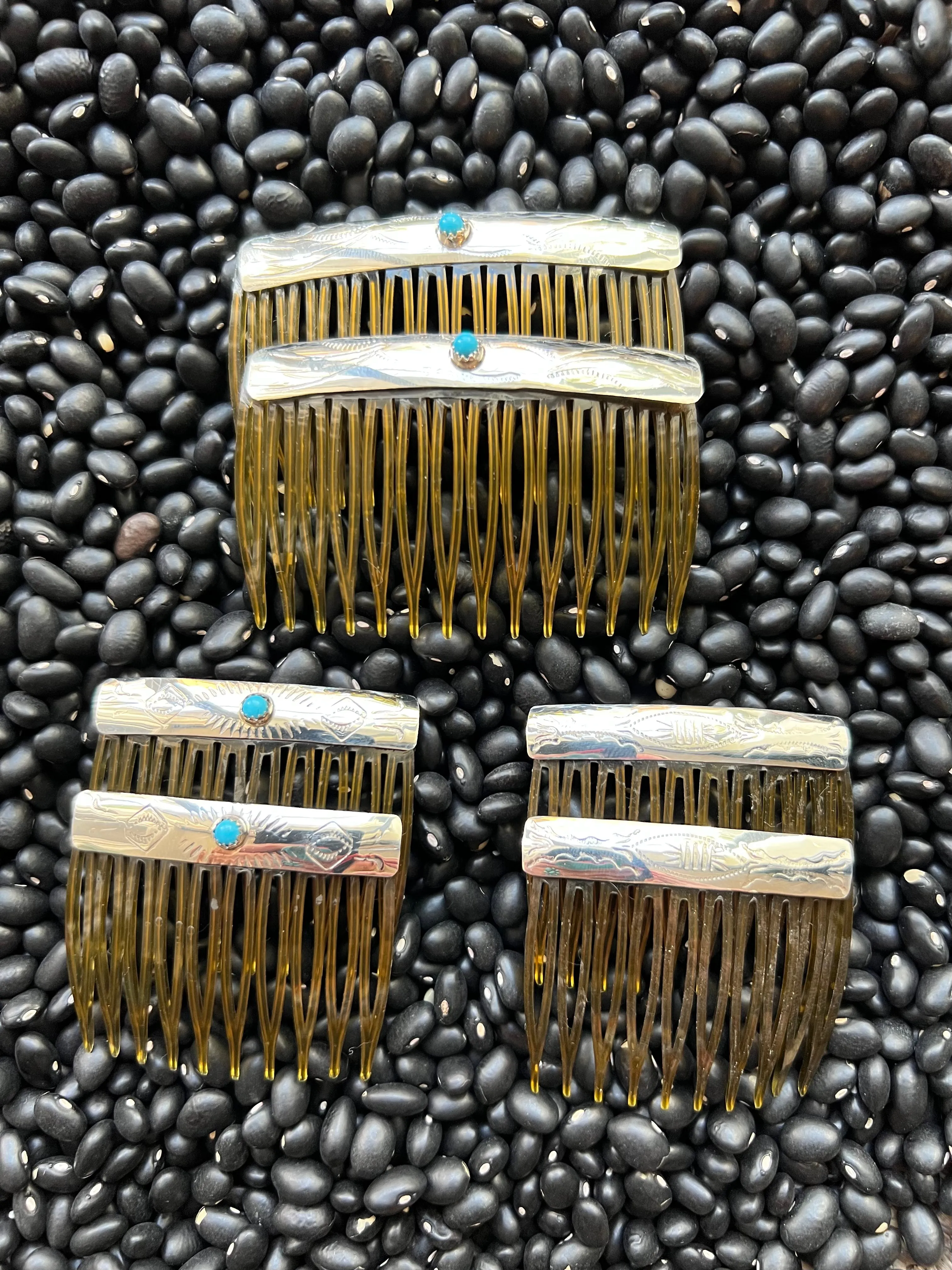 Sterling silver stamped hair combs with turquoise