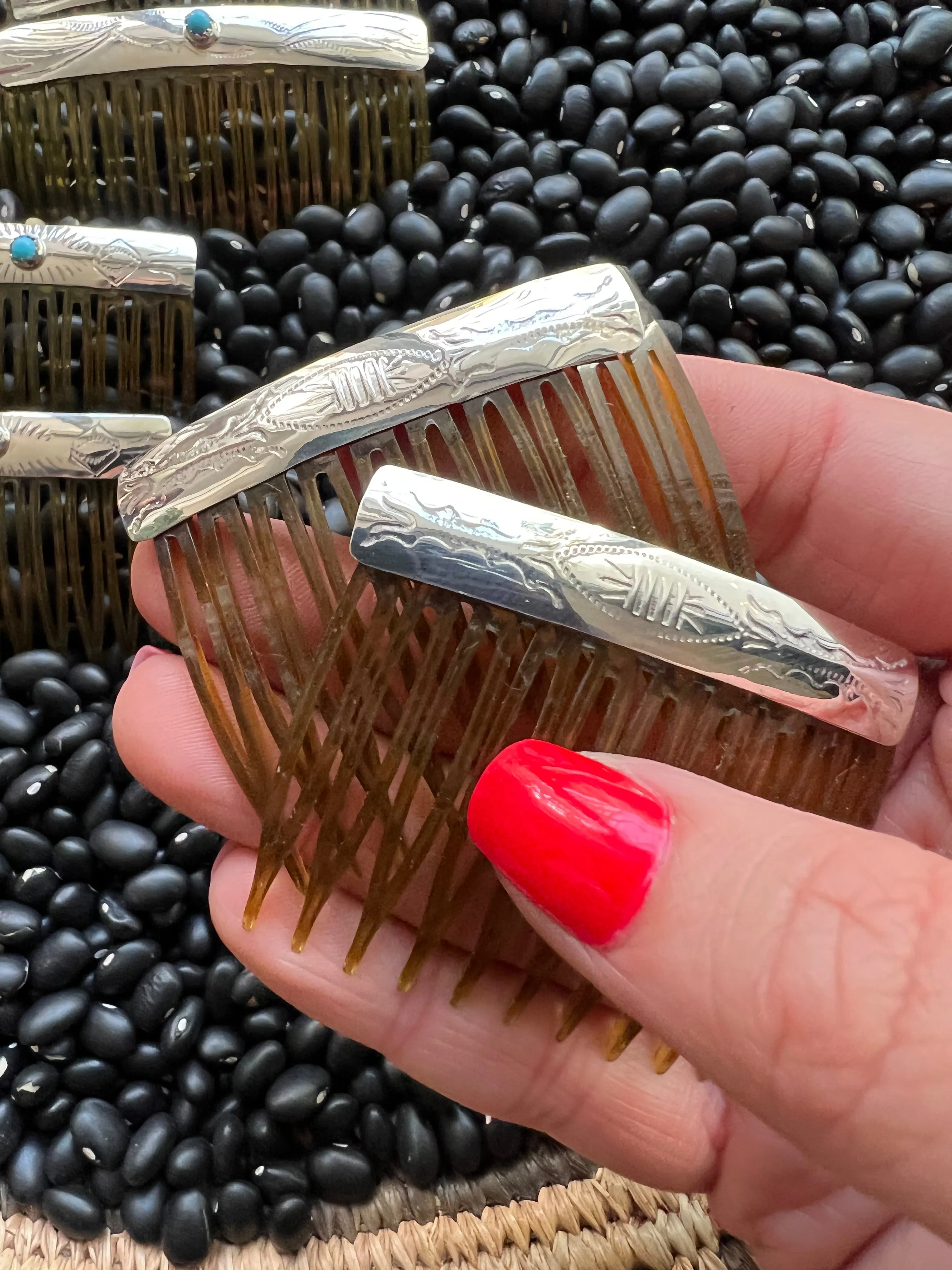 Sterling silver stamped hair combs with turquoise