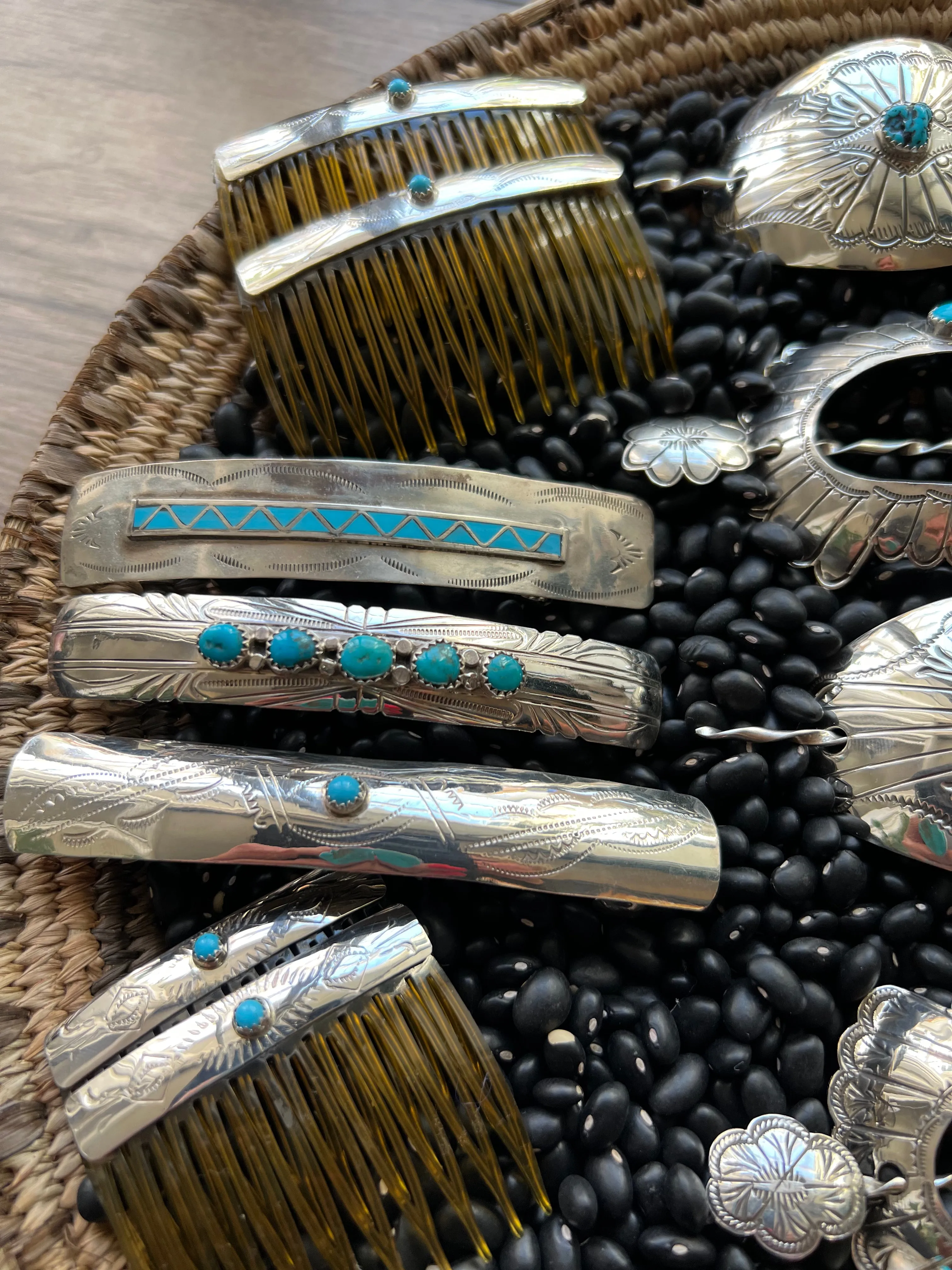 Sterling silver stamped hair combs with turquoise