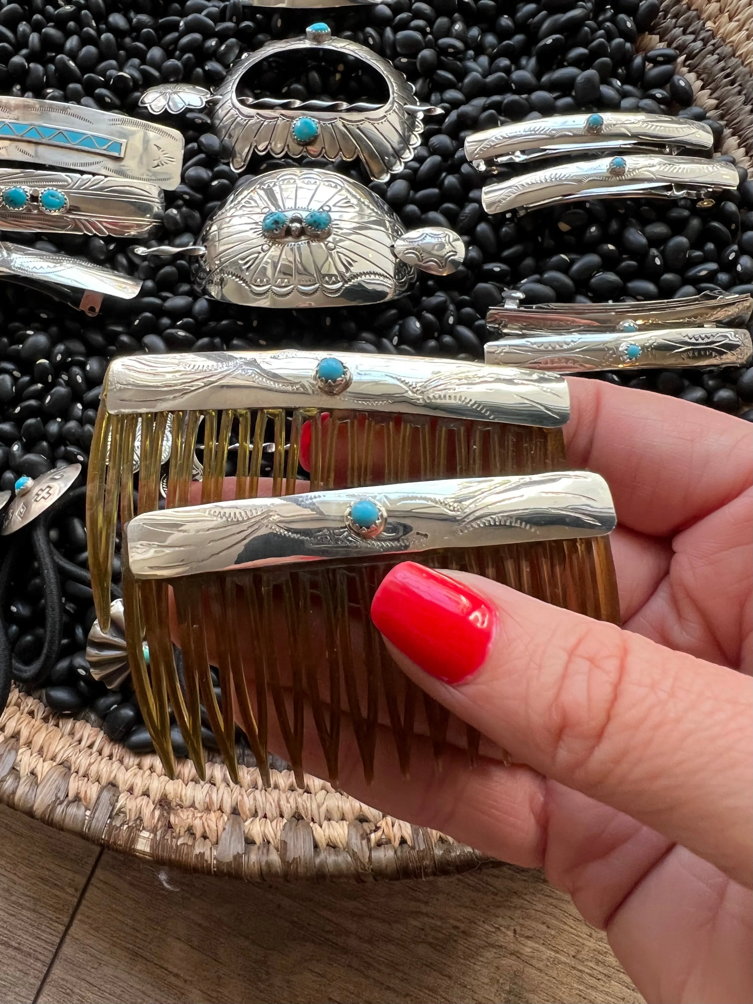 Sterling silver stamped hair combs with turquoise