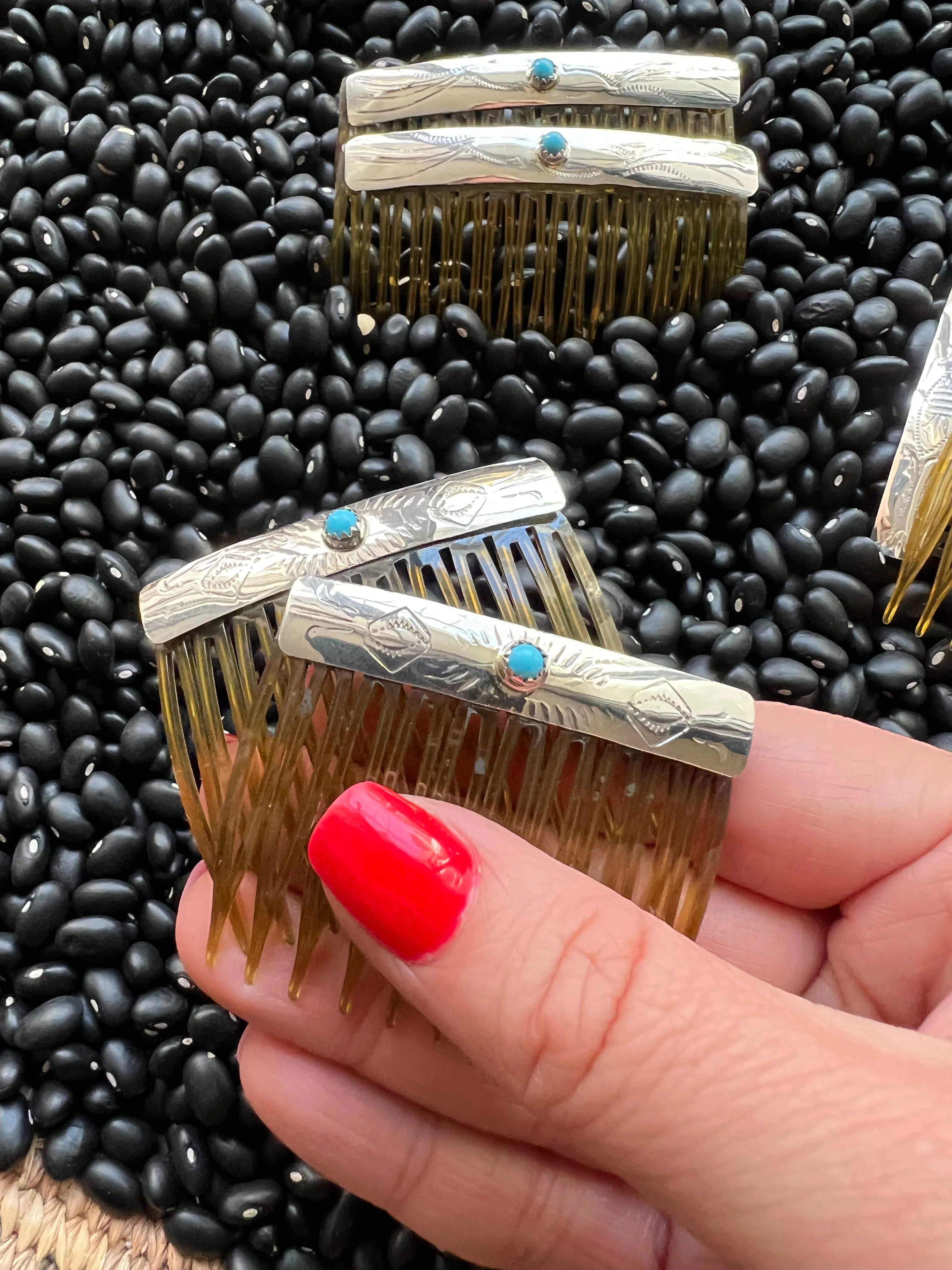 Sterling silver stamped hair combs with turquoise