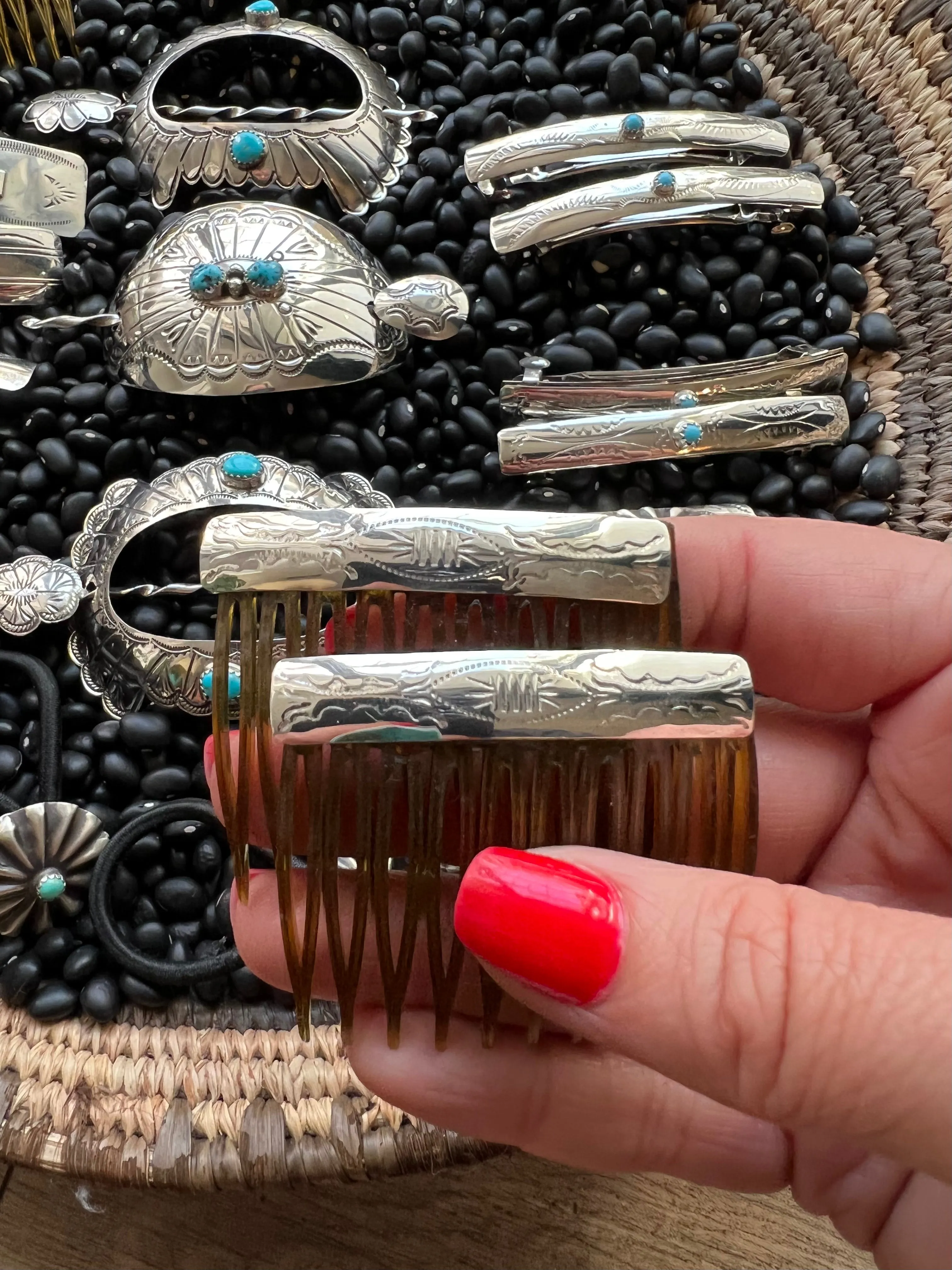 Sterling silver stamped hair combs with turquoise