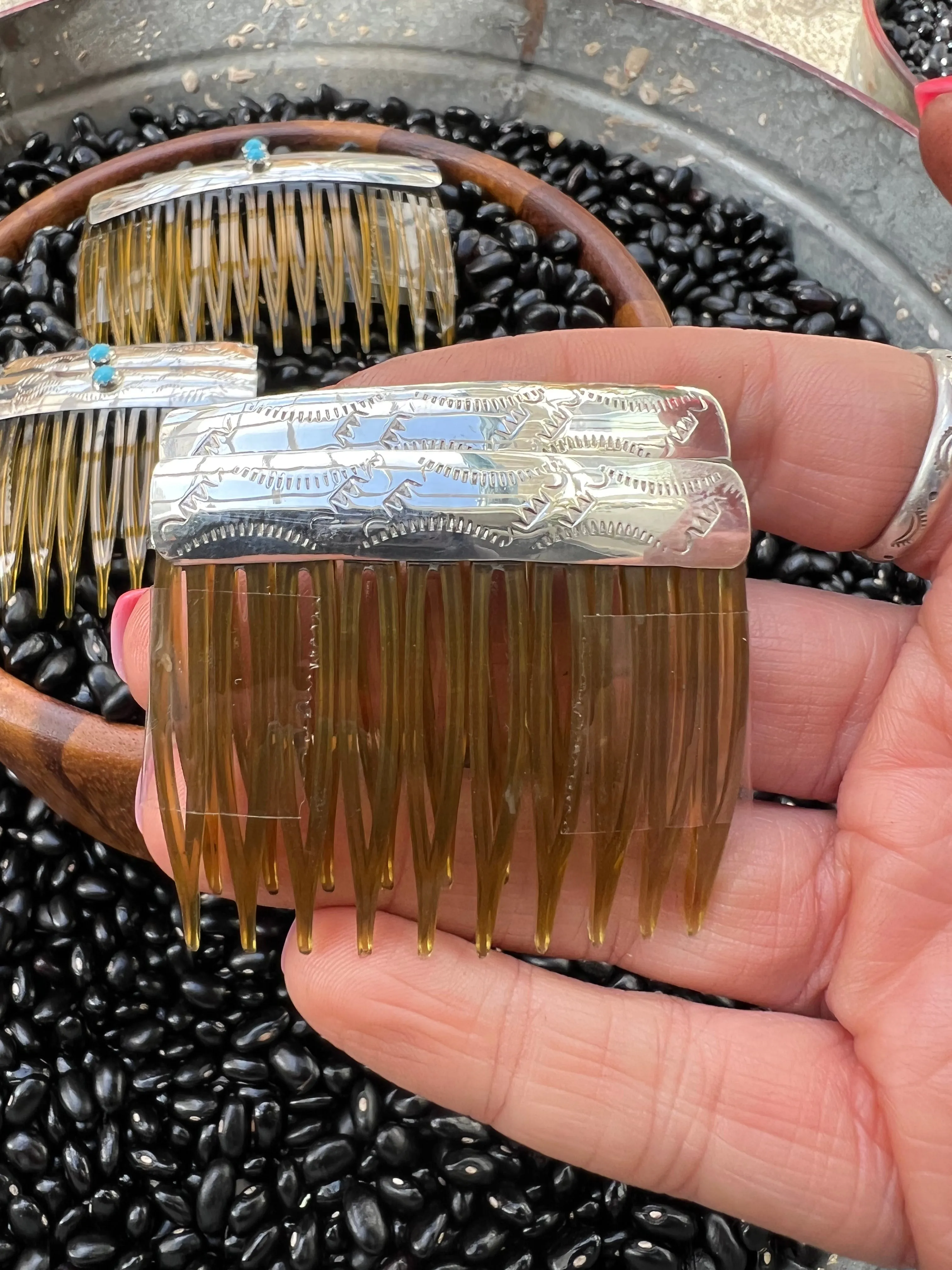 Sterling silver stamped hair combs with turquoise