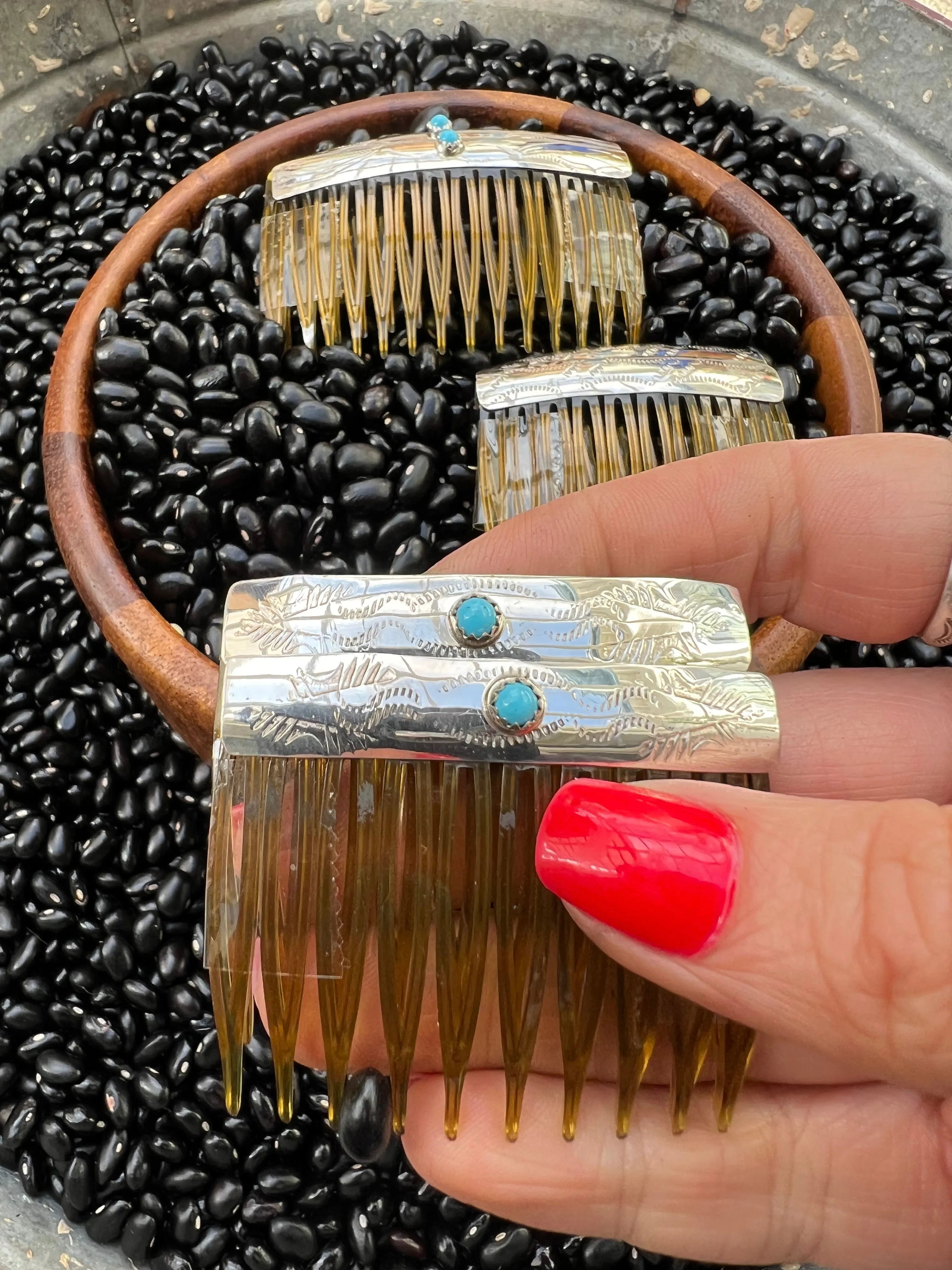 Sterling silver stamped hair combs with turquoise