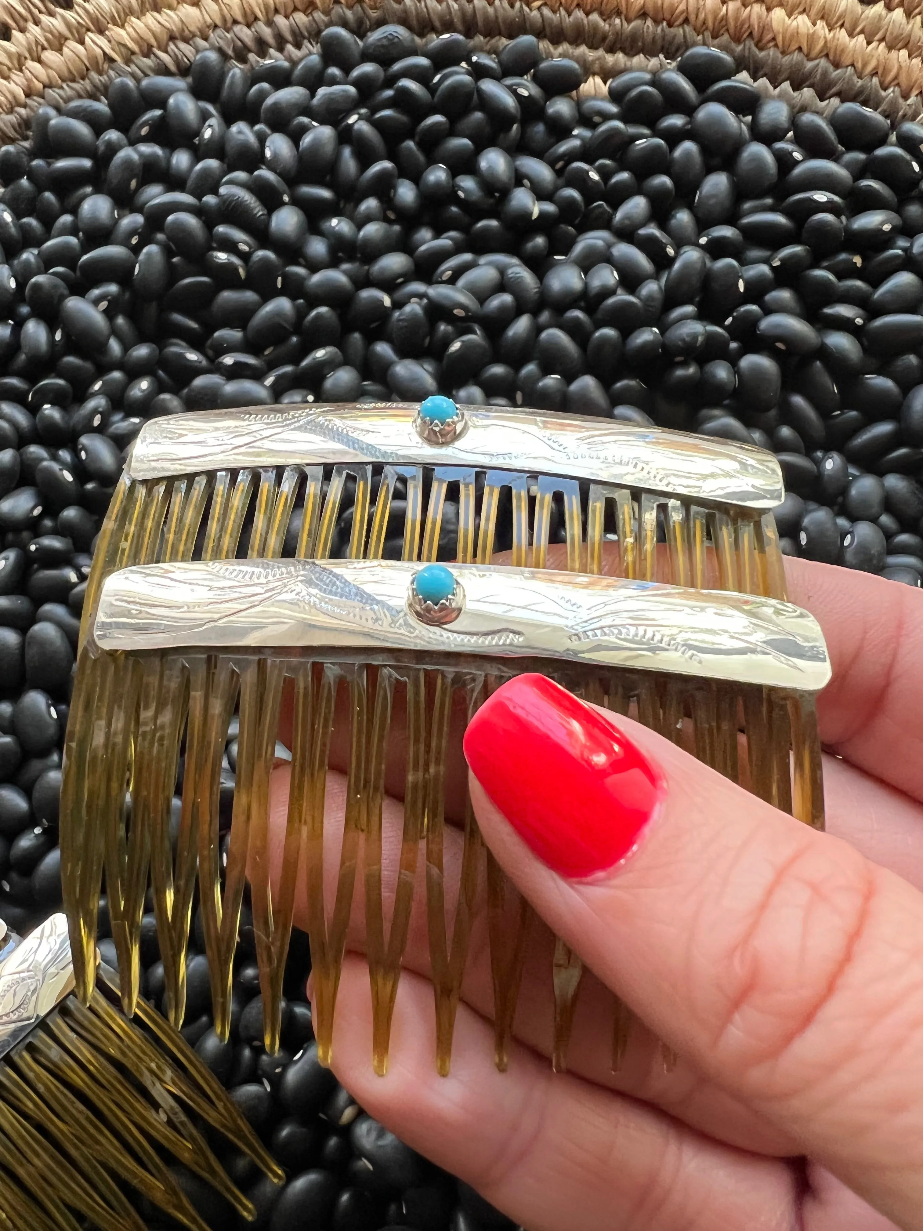 Sterling silver stamped hair combs with turquoise