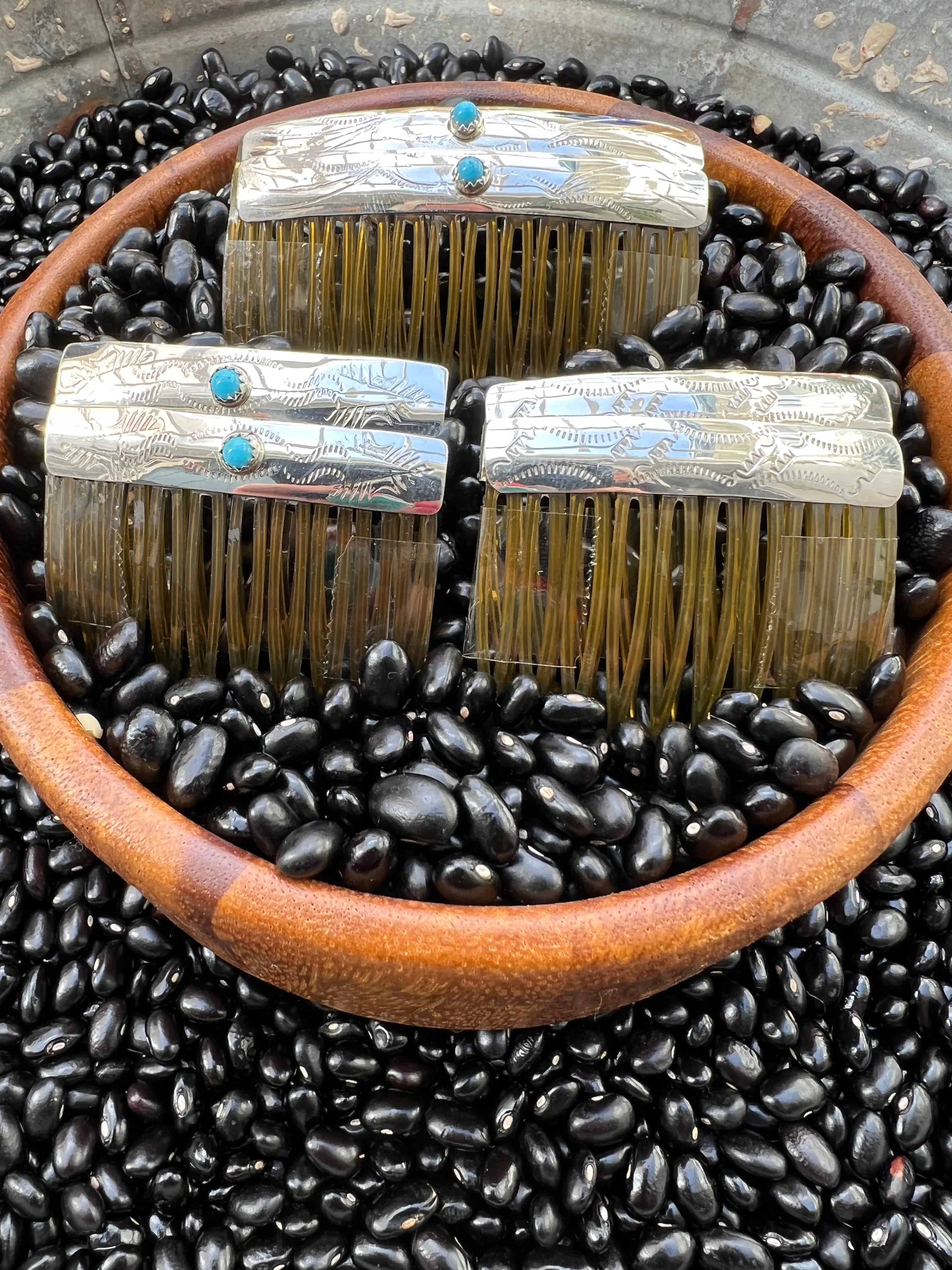 Sterling silver stamped hair combs with turquoise