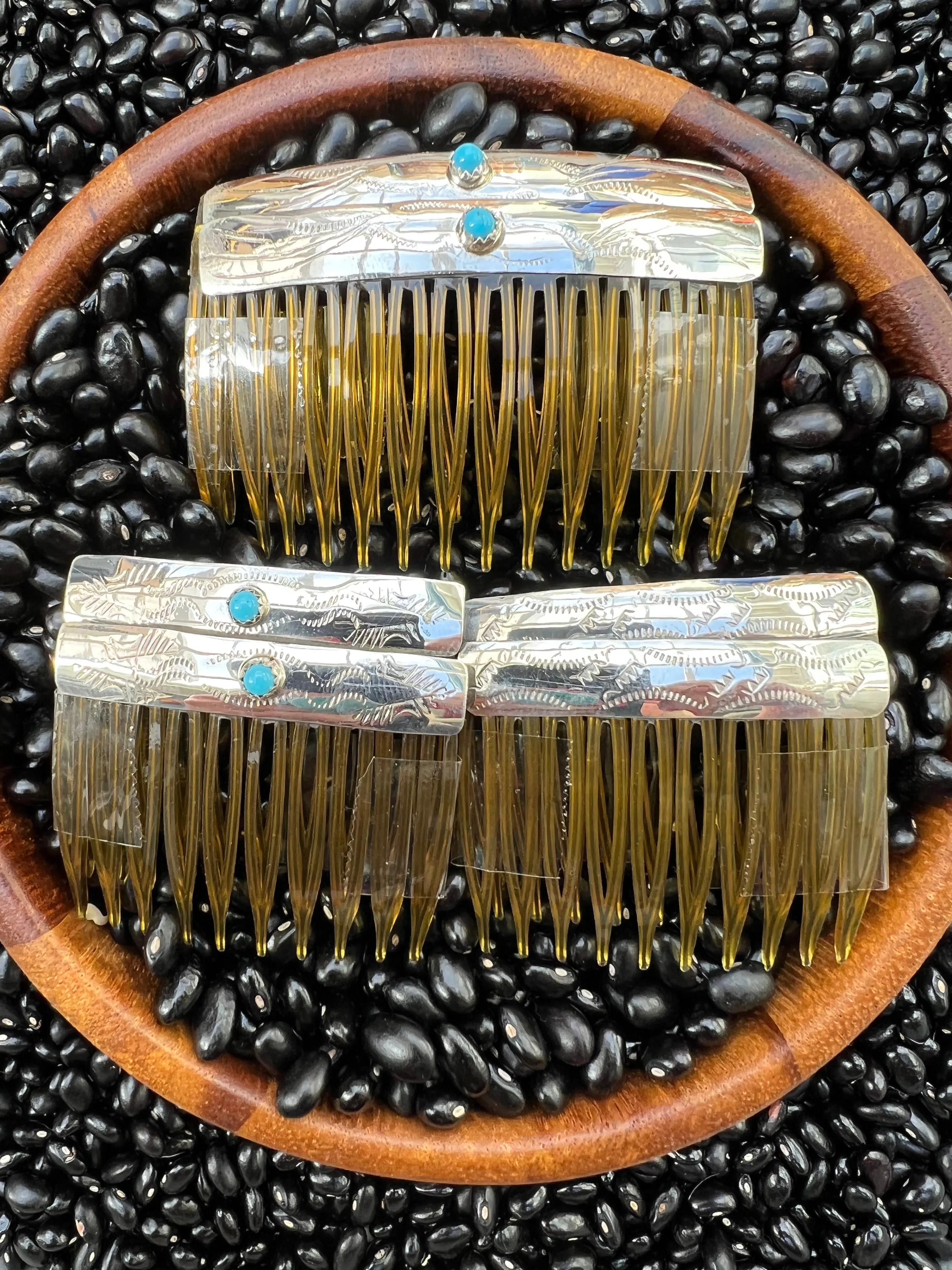 Sterling silver stamped hair combs with turquoise