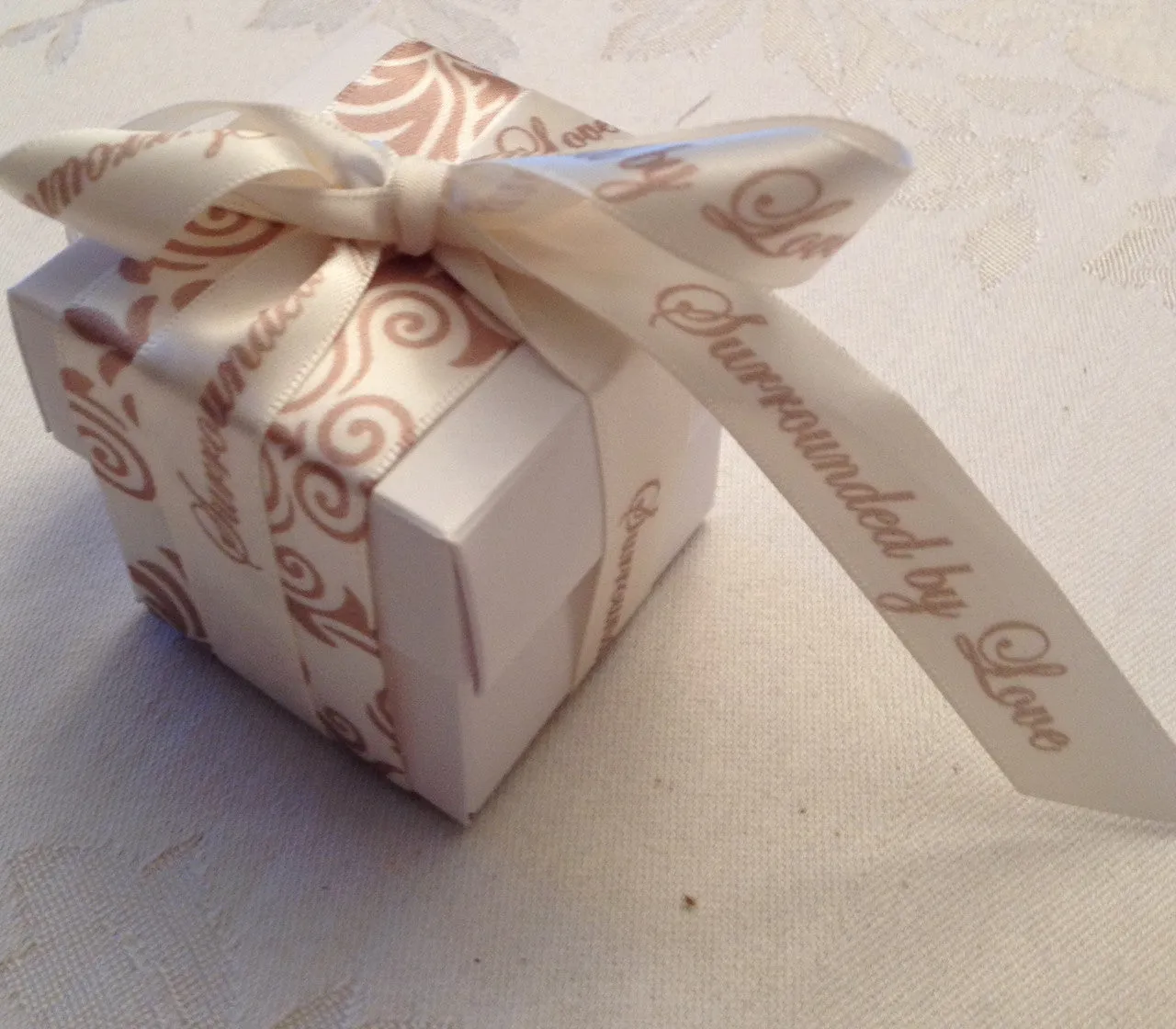 Surrounded by Love Ribbon Champagne Ink on 5/8" wide Antique White Satin Ribbon