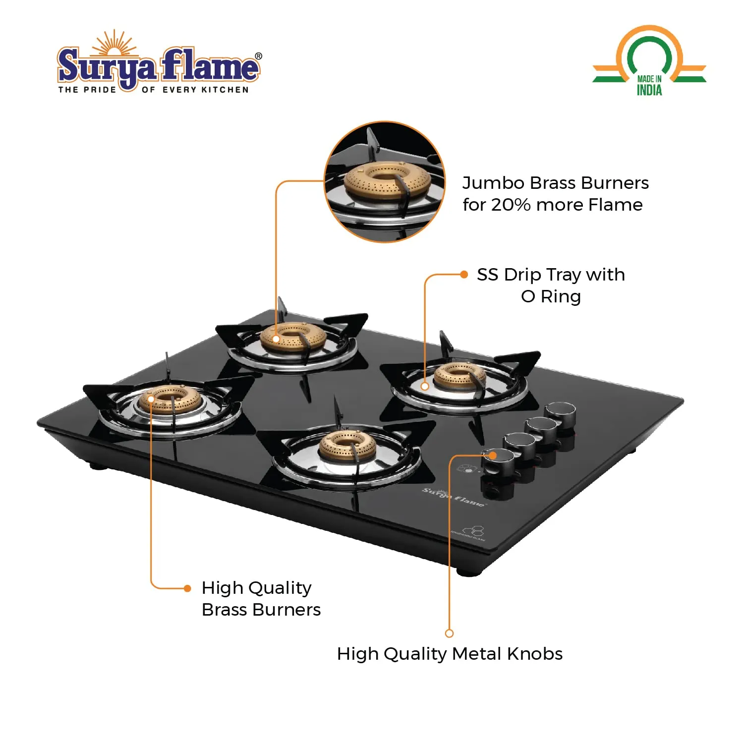 Surya Flame Apollo Round Hob Top | Manual Glass Stove with Spill Proof Desing & Jumbo Burner | 2 Years Complete Doorstep Warranty - Black (4 Burner, 2)