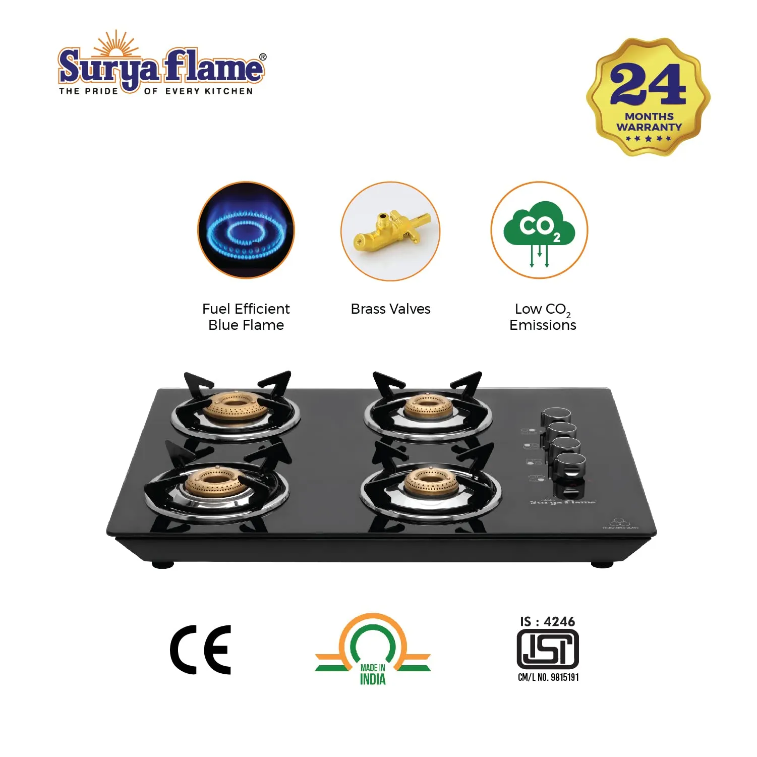 Surya Flame Apollo Round Hob Top | Manual Glass Stove with Spill Proof Desing & Jumbo Burner | 2 Years Complete Doorstep Warranty - Black (4 Burner, 2)