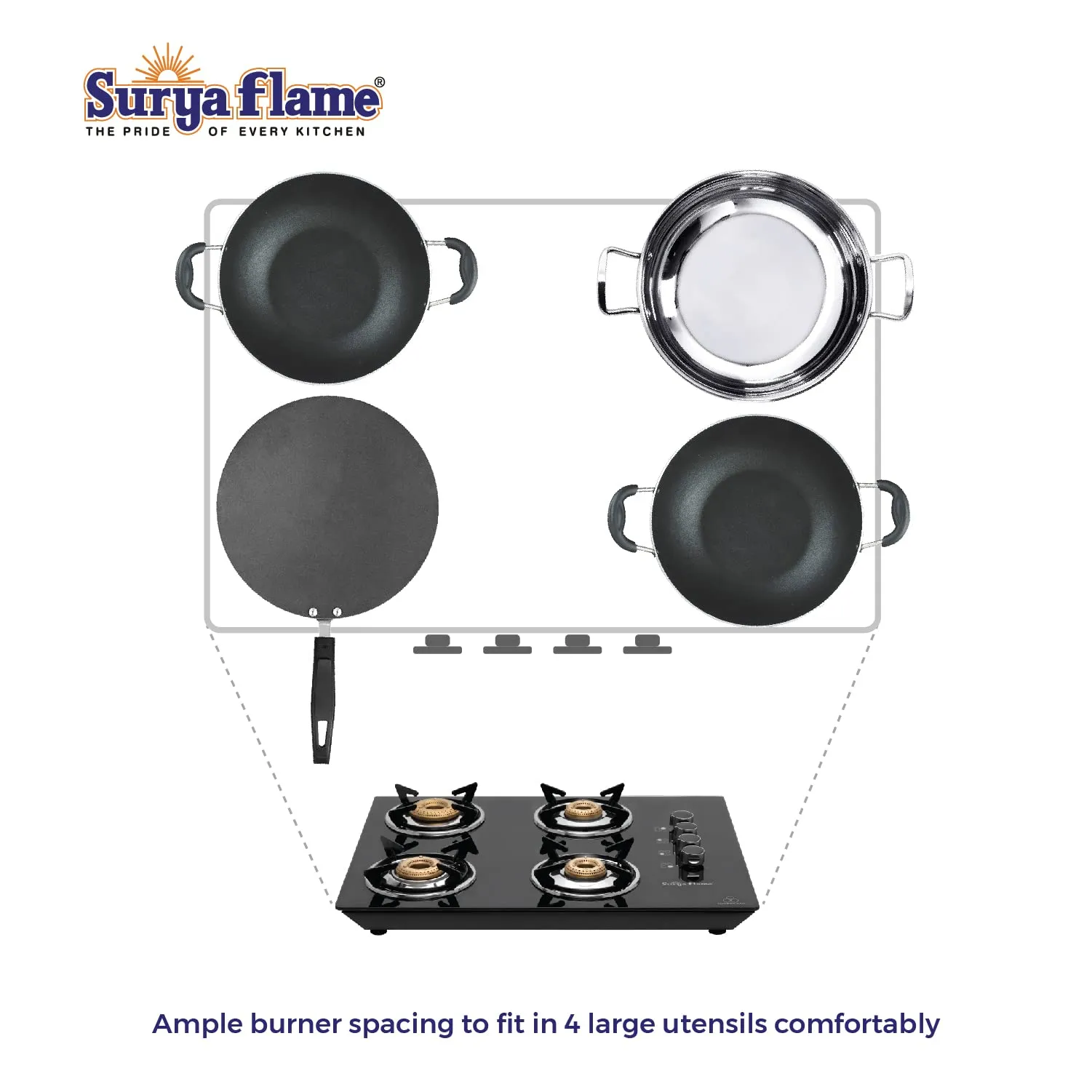 Surya Flame Apollo Round Hob Top | Manual Glass Stove with Spill Proof Desing & Jumbo Burner | 2 Years Complete Doorstep Warranty - Black (4 Burner, 2)