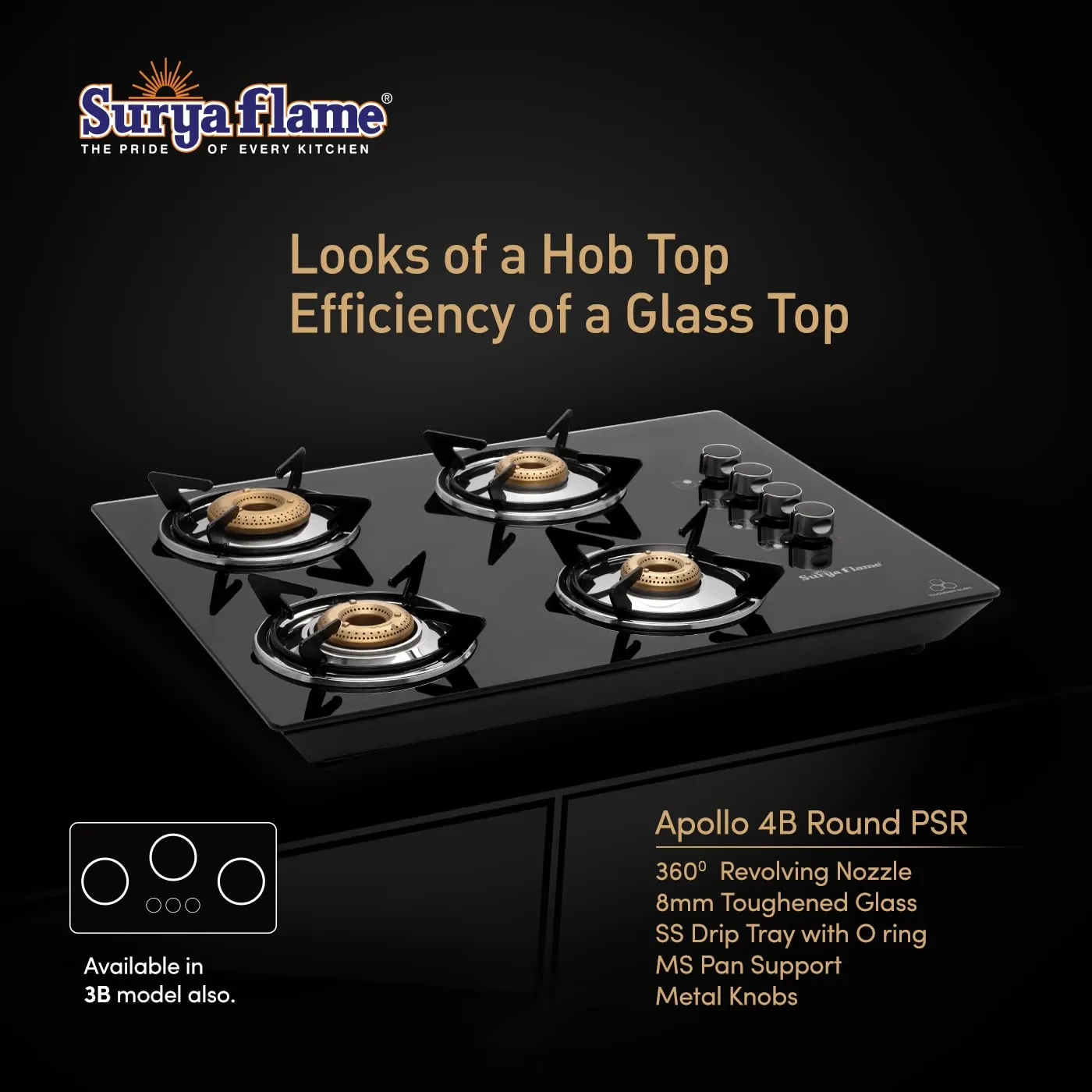 Surya Flame Apollo Round Hob Top | Manual Glass Stove with Spill Proof Desing & Jumbo Burner | 2 Years Complete Doorstep Warranty - Black (4 Burner, 2)