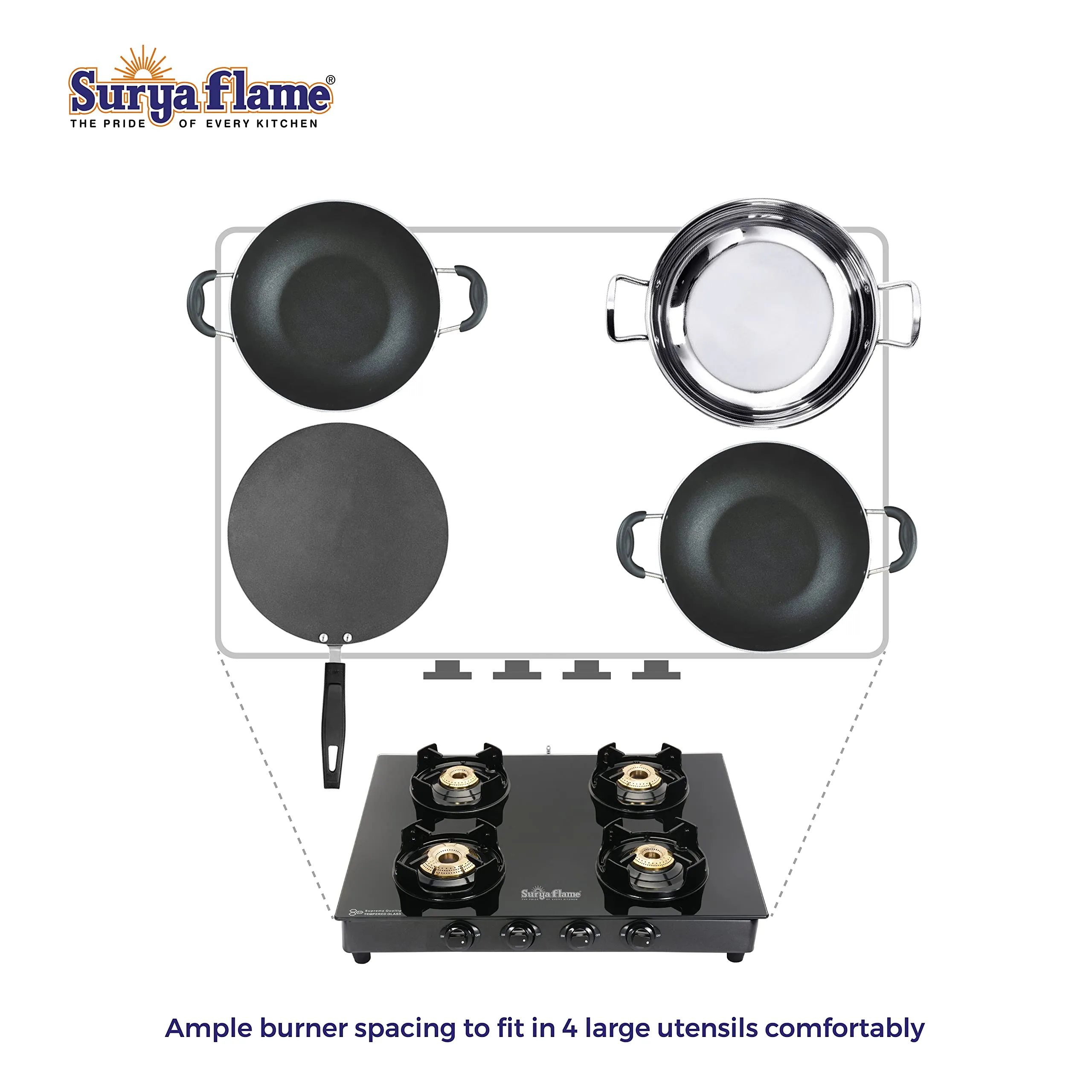 Surya Flame Black Beauty Gas Stove 4 Burners Glass Top LPG Stove | LPG Gas Dual Layer Rubber Hose Pipe 1.5M | Elegant Gas Stove Lighter With Knife, Peeler Knife and Shredder (Pack of 4)