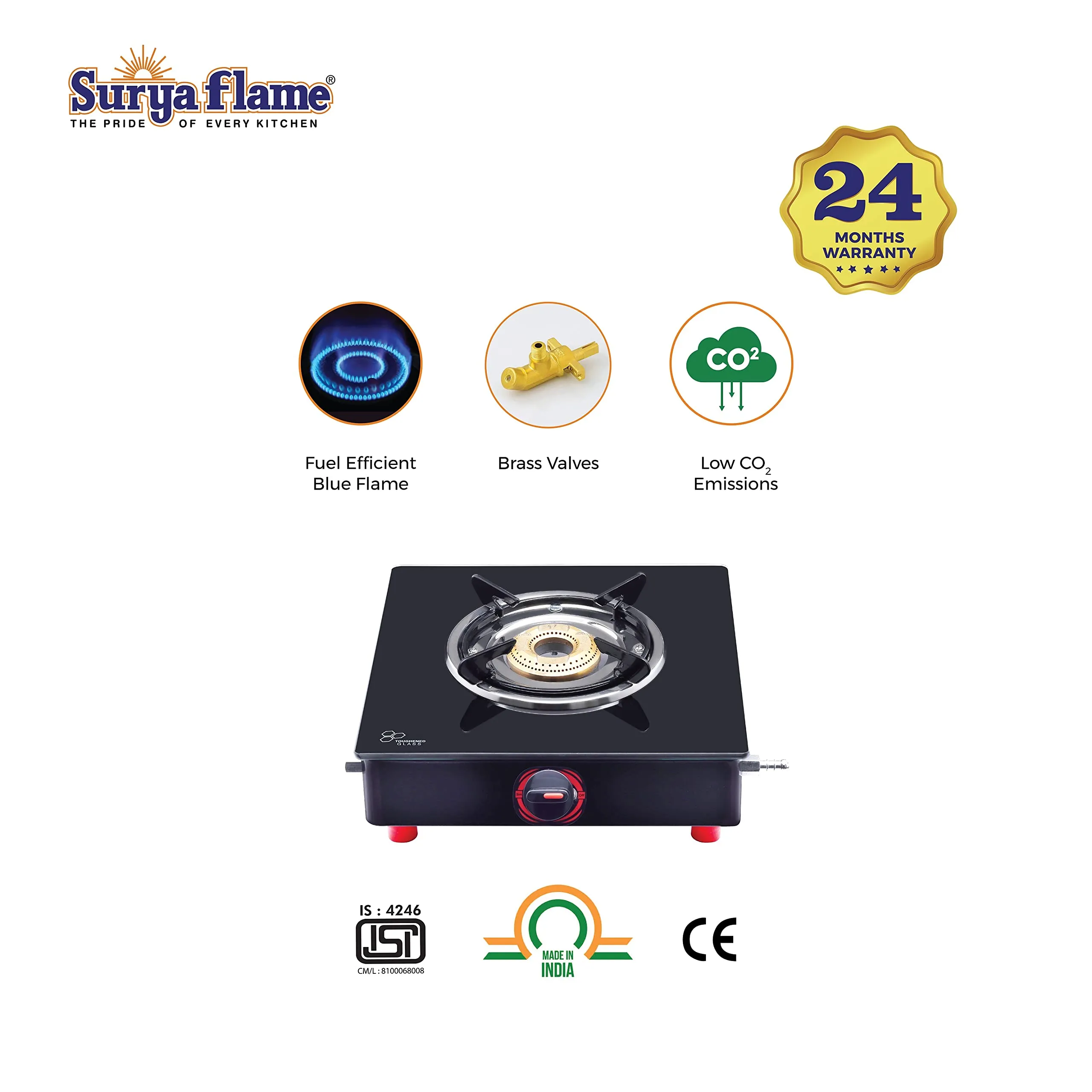 Surya Flame PNG Gas Stove 4 Burner with Brass Smart Glass Top Cooktop ISI Certified Doorstep Services 2 Years (Double Burner Black)