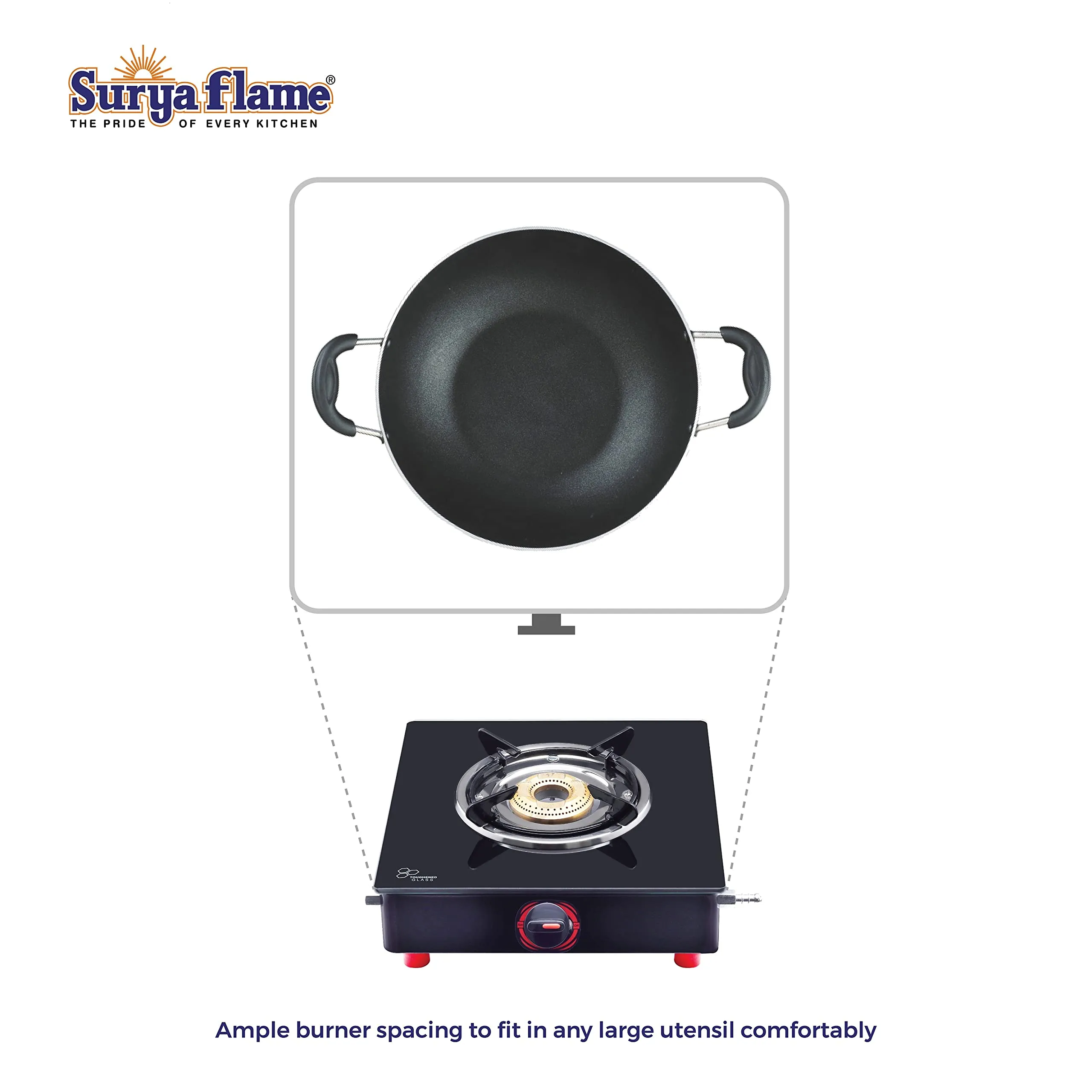 Surya Flame PNG Gas Stove 4 Burner with Brass Smart Glass Top Cooktop ISI Certified Doorstep Services 2 Years (Double Burner Black)