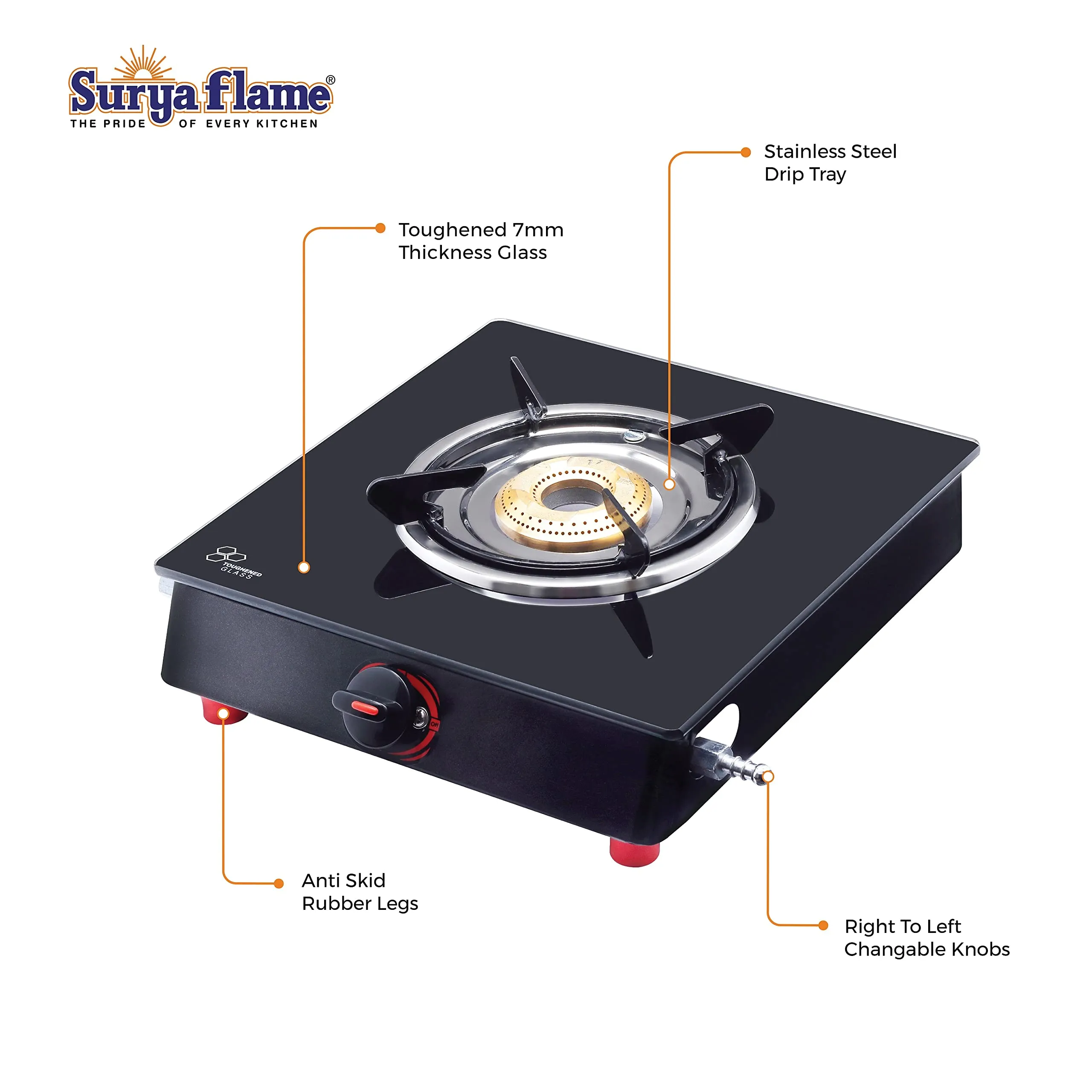 Surya Flame PNG Gas Stove 4 Burner with Brass Smart Glass Top Cooktop ISI Certified Doorstep Services 2 Years (Double Burner Black)