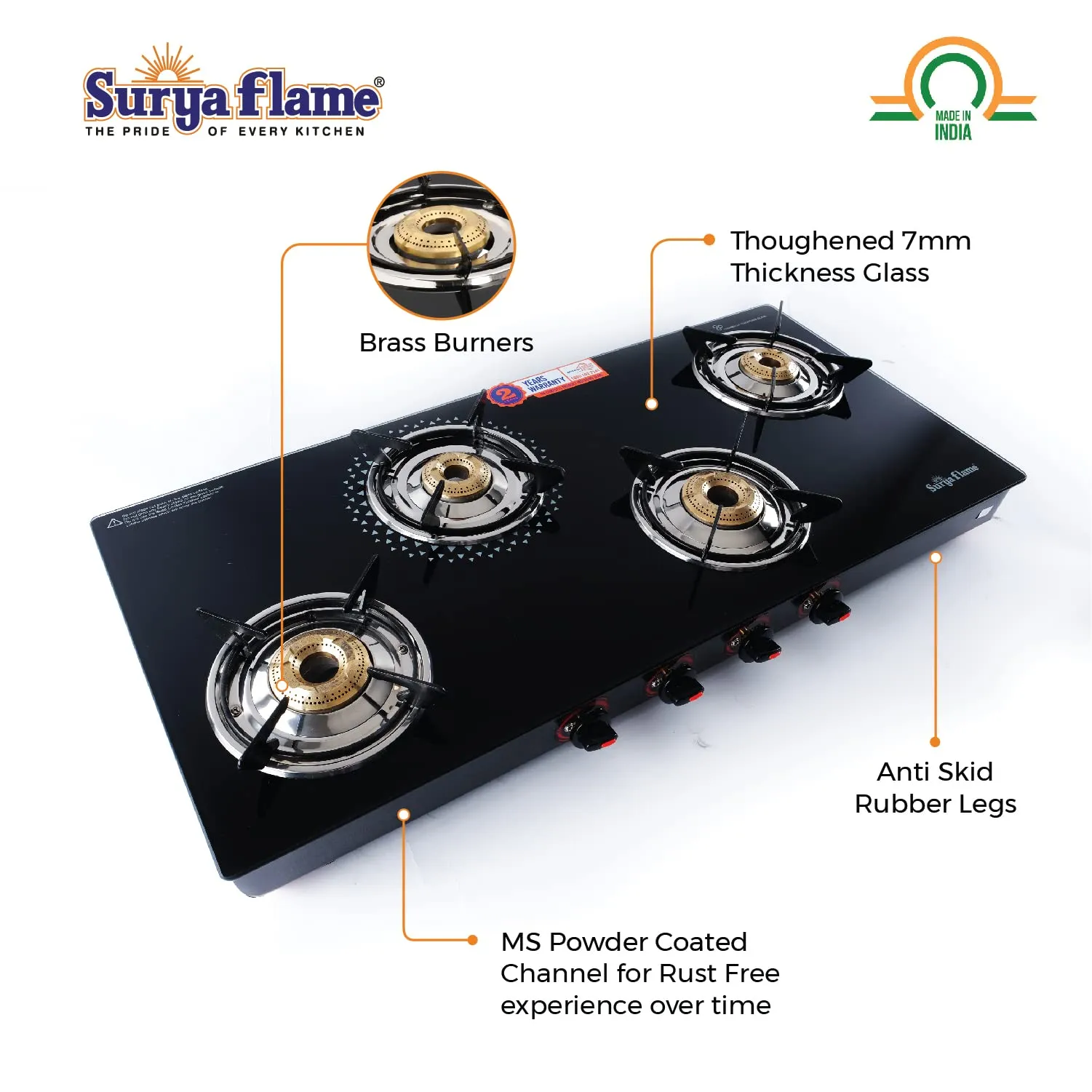 Surya Flame Smart Gas Stove 4 Burners With Glass Top | LPG Gas Dual Layer Rubber Hose Pipe 1.5M | Premier Stainless Steel Gas Lighter with Knife