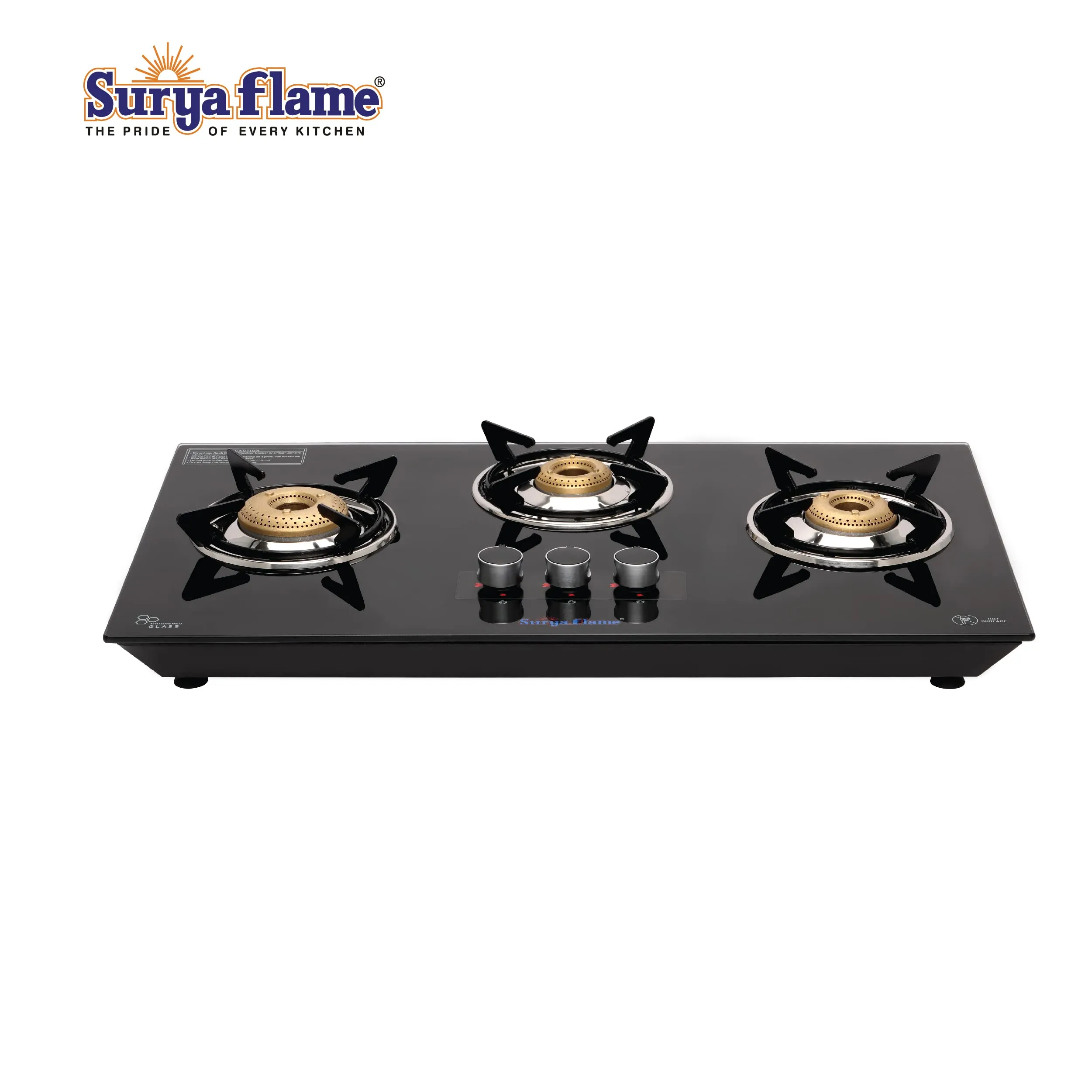 SuryaFlame Apollo Round Hob Top 3 Burners Manual Glass Stove | LPG Gas Dual Layer Rubber Hose Pipe 1.5M | Premier Stainless Steel Gas Lighter with Knife