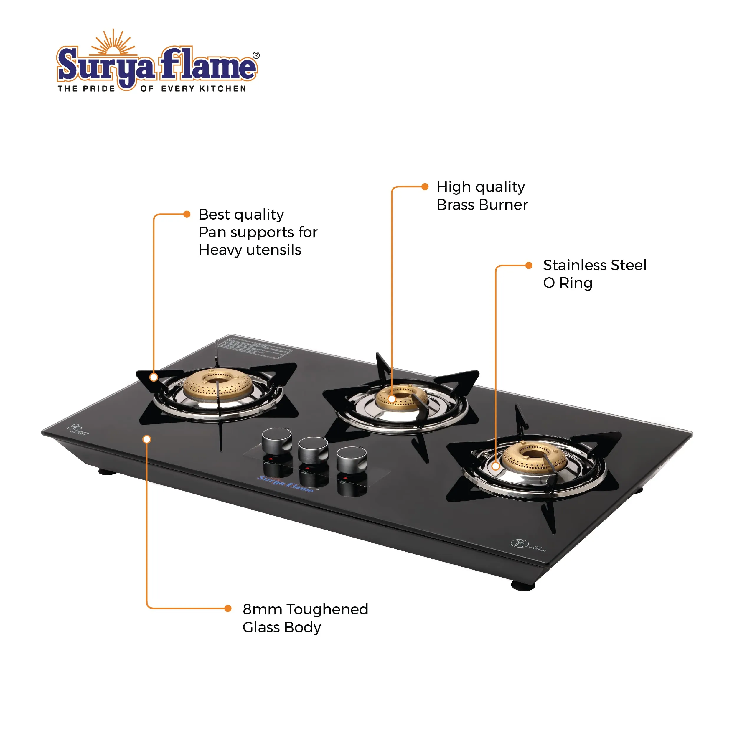 SuryaFlame Apollo Round Hob Top 3 Burners Manual Glass Stove | LPG Gas Dual Layer Rubber Hose Pipe 1.5M | Premier Stainless Steel Gas Lighter with Knife