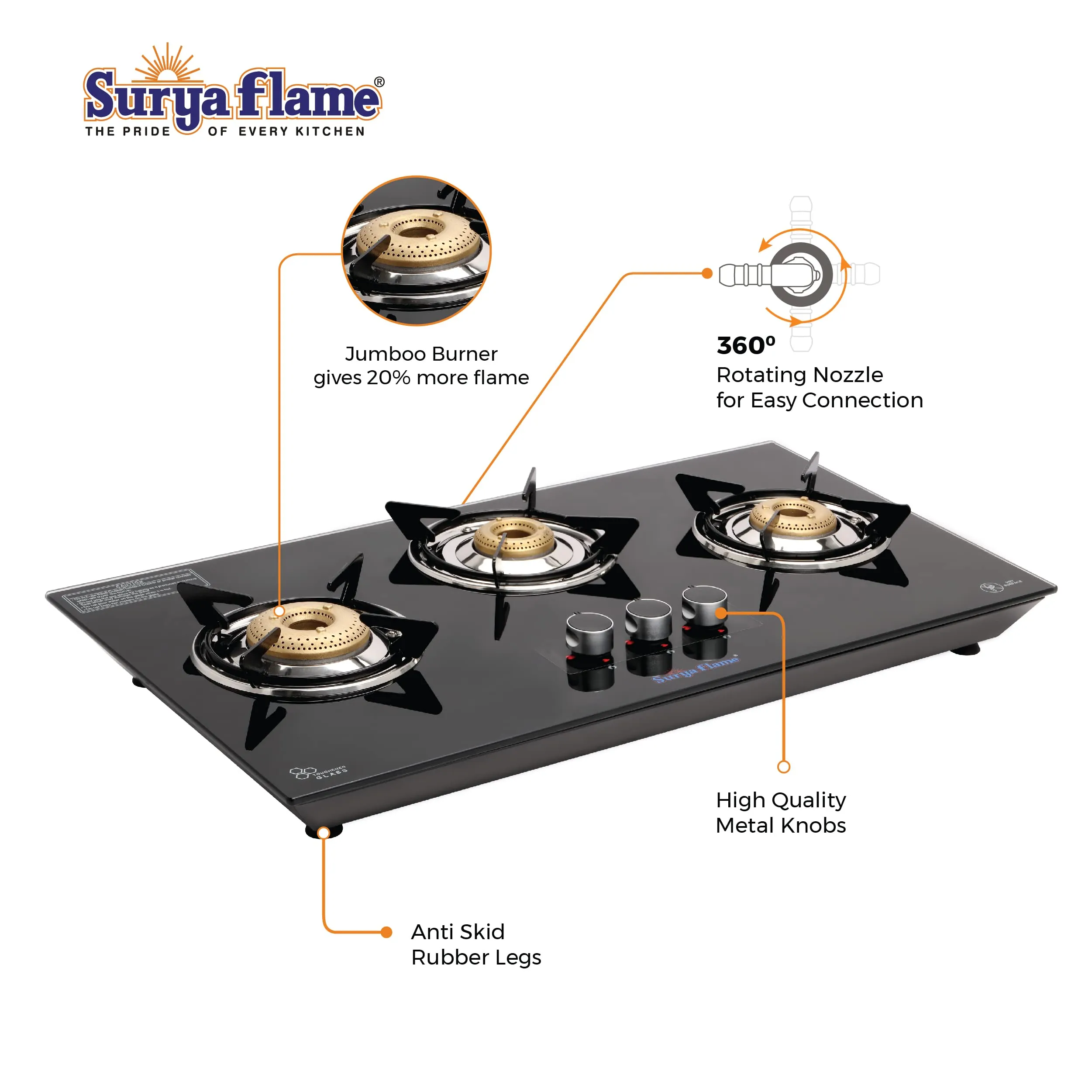 SuryaFlame Apollo Round Hob Top 3 Burners Manual Glass Stove | LPG Gas Dual Layer Rubber Hose Pipe 1.5M | Premier Stainless Steel Gas Lighter with Knife