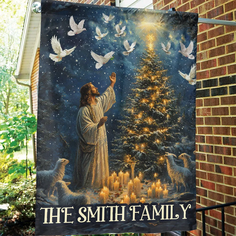 Teesdily | Custom Jesus Lamb Christmas Tree Garden Flag, Jesus Christ Candle Light Bird House Flag, Christmas Gift Religious