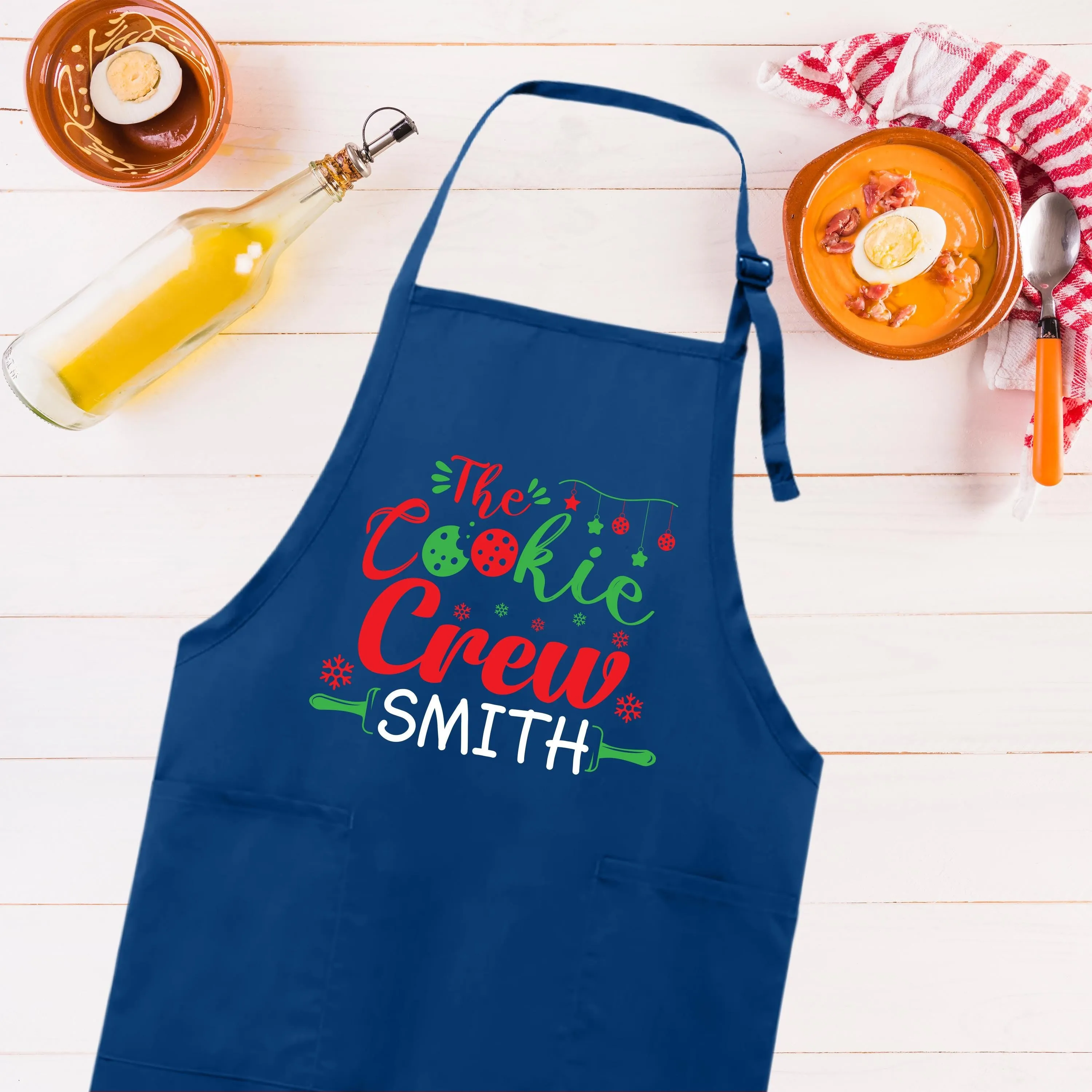 The Cookie Crew Custom Christmas Apron, Adjustable Neck, Full-Length Personalized Christmas Kitchen Apron with Pockets, Christmas Mom Gift