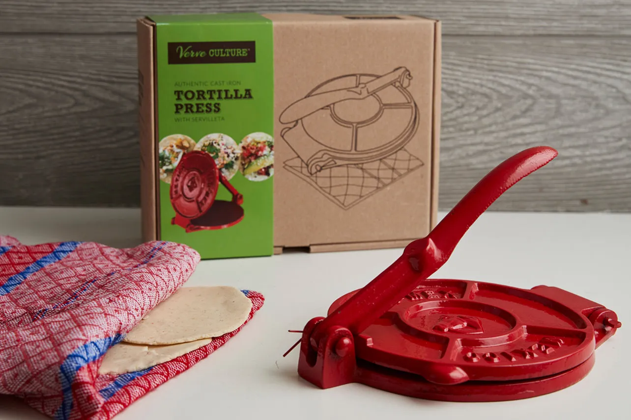 Tortilla Press Kit - Red Cast Iron with Servilleta