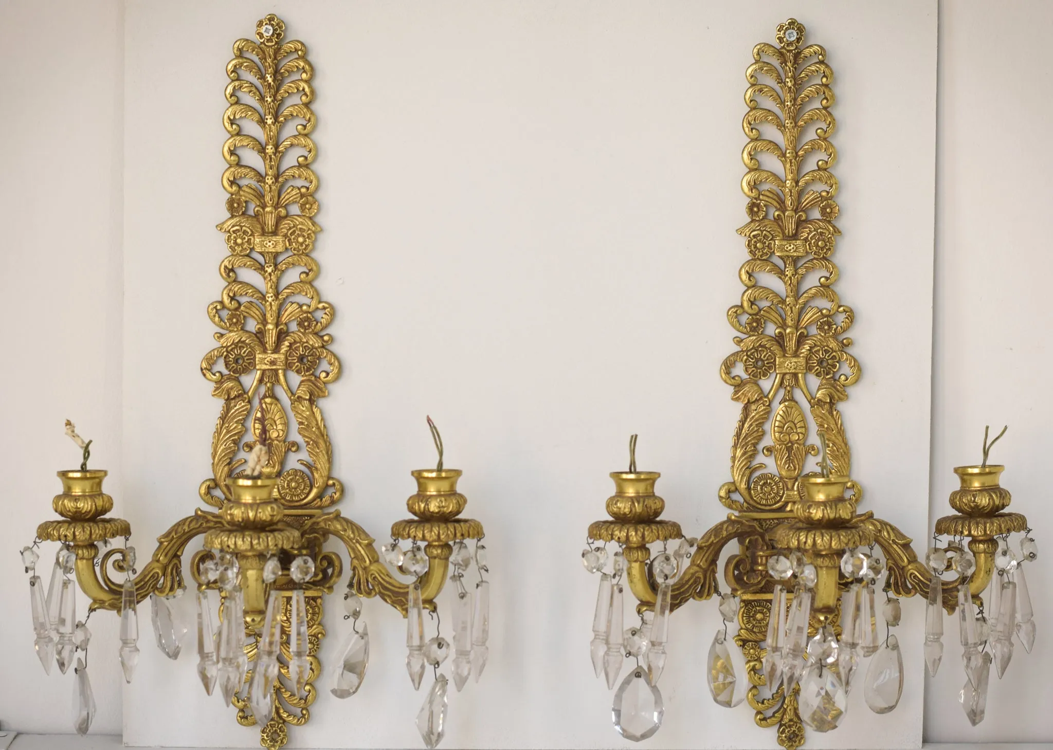 Two - Bronze and Cut Glass Wall-Mounted Chandeliers