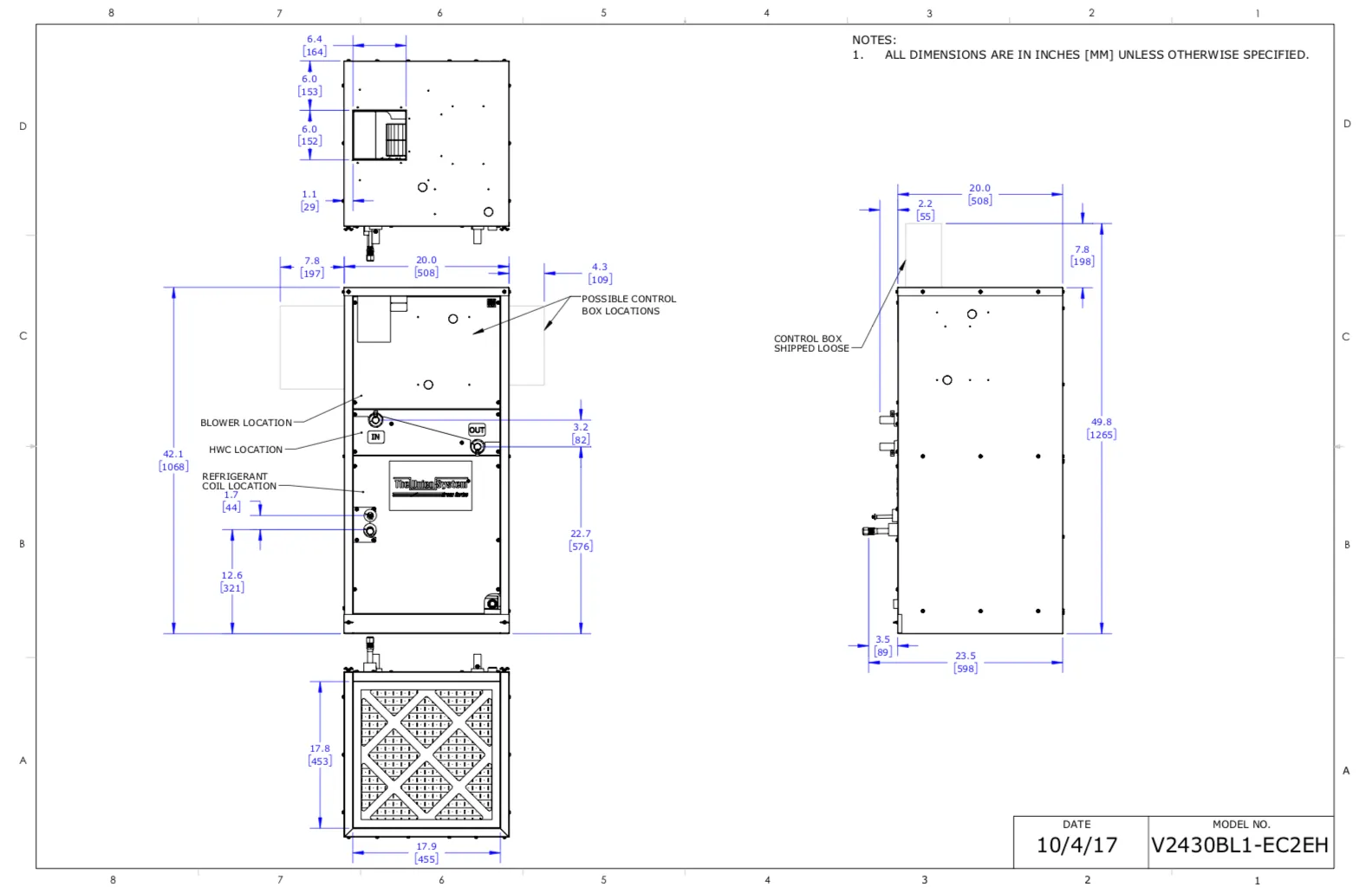 V2430B-1EC2EH - Vertical Air Handler Unit, 2430, 230V, 4 Row Coil, (HP) with HWC