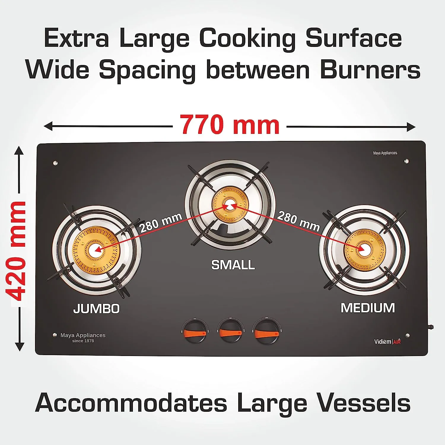 VIDIEM AIR PLUS 3 BURNER FRAMELESS GAS STOVE - AUTO IGNITION