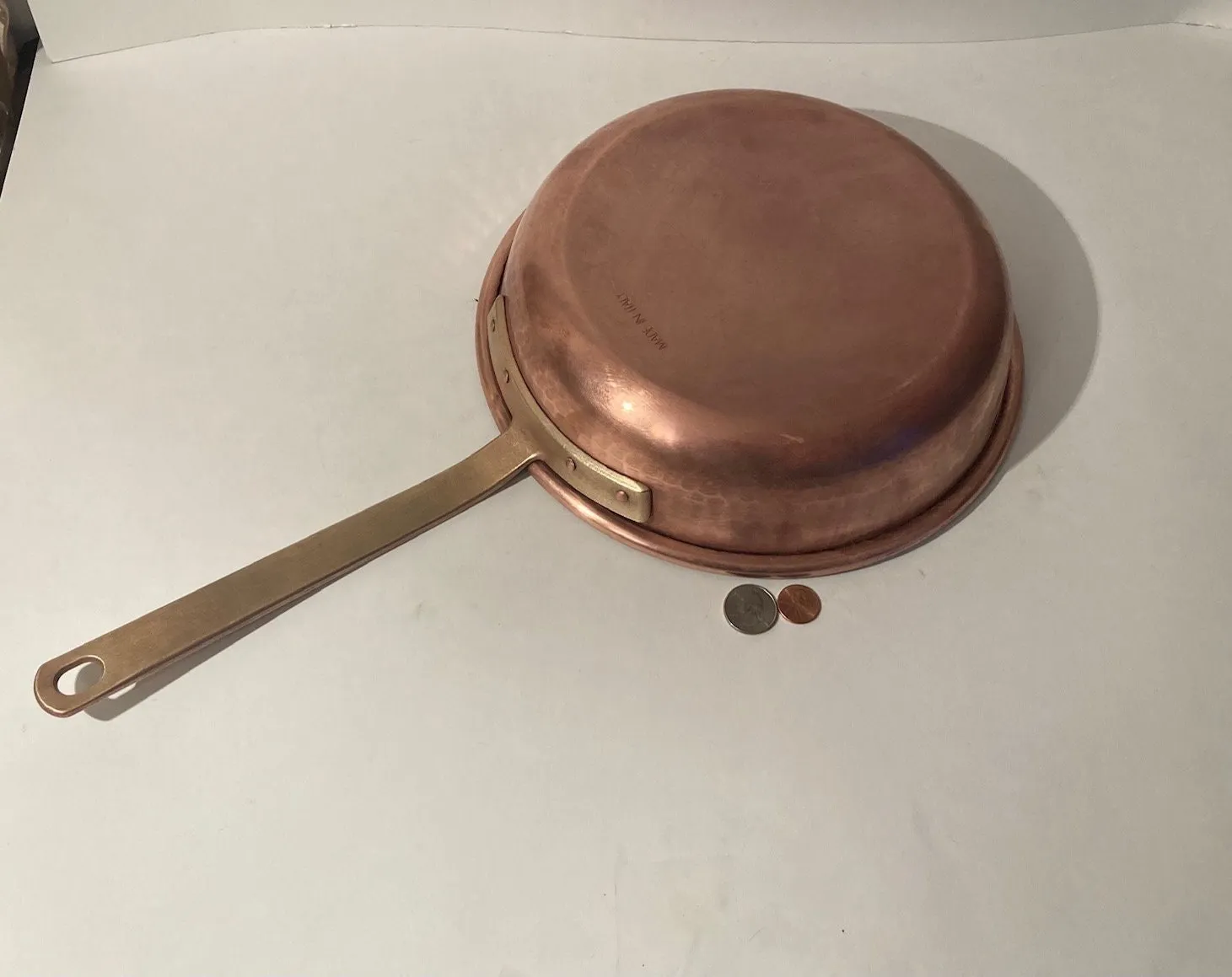 Vintage Copper and Brass Frying Pan, 19 1/2" Long and 10 1/2" x 3" Pan Size, Made in Italy, Quality, Heavy Duty, Weighs 3 1/2 Pounds